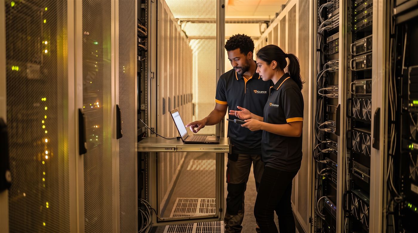 Equipe Alcance Tecnologia Integrada trabalhando no rack de servidores