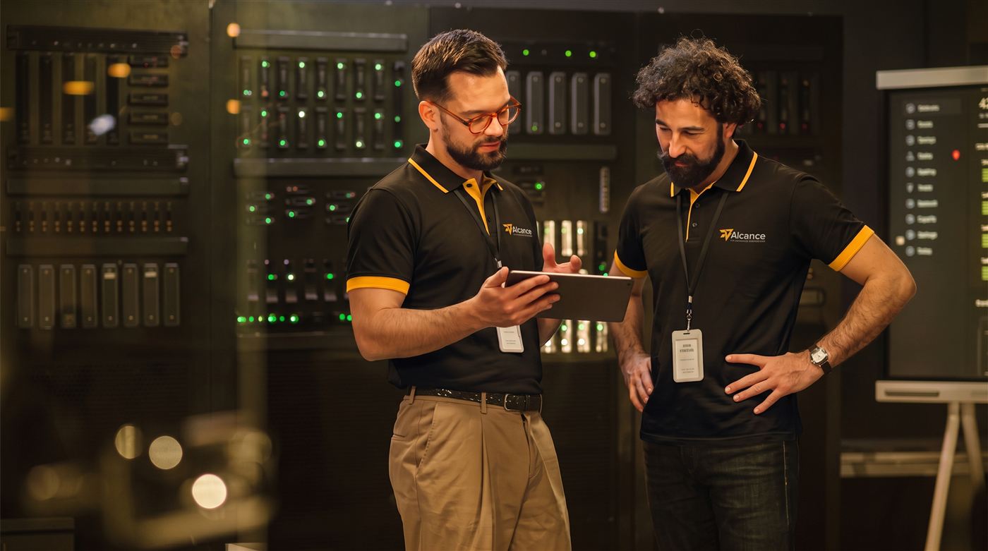 Técnicos da Alcance Tecnologia Integrada na sala de servidores